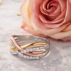 Whimsical Tricolor Infinity Dainty Ring Sz 7 Sterling Silver Gold Pave Zirconia